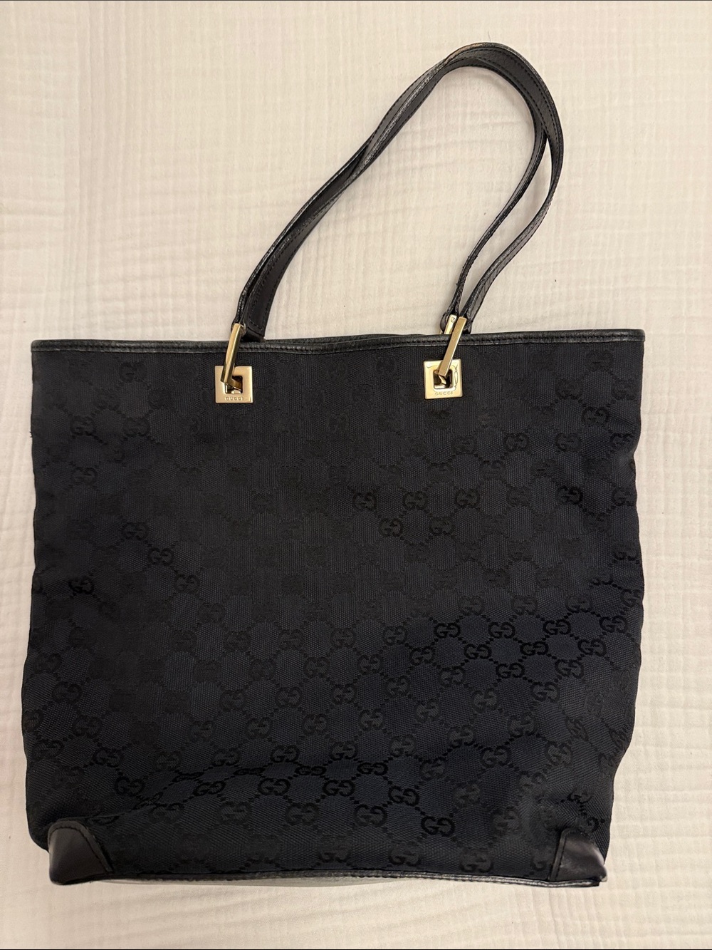 Gucci Black GG Monogram Canvas Tote with Gold Accents